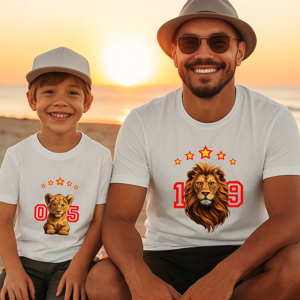 5 Yıldızlı Aslan Tasarımlı Galatasaraylı Baba Oğul Tişört Kombini
