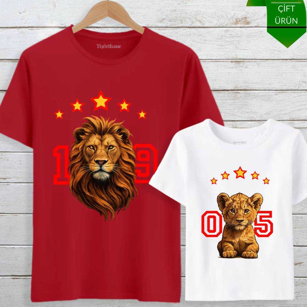 5 Yıldızlı Aslan Tasarımlı Galatasaraylı Baba Oğul Tişört Kombini