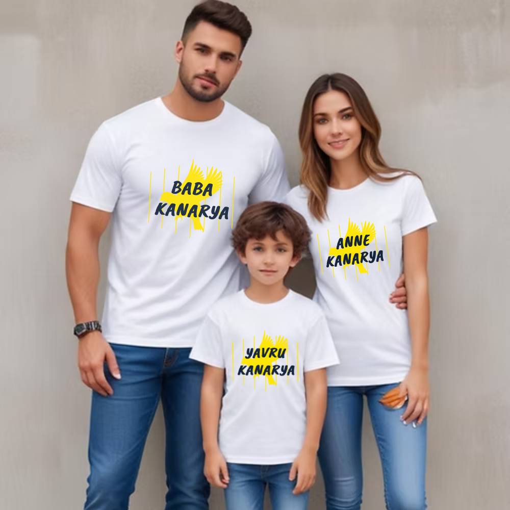 Anne, Baba ve Bebek Kanarya Tasarımlı Aile Tişört Kombini