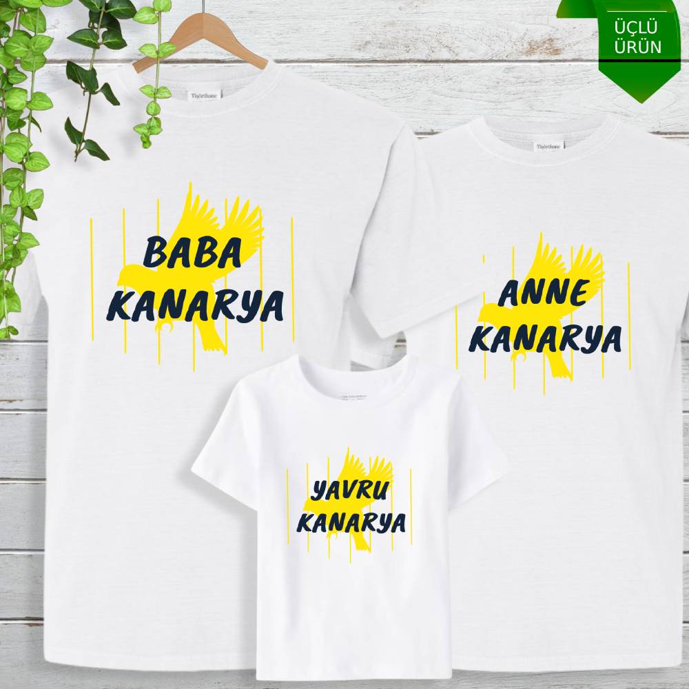 Anne, Baba ve Bebek Kanarya Tasarımlı Aile Tişört Kombini