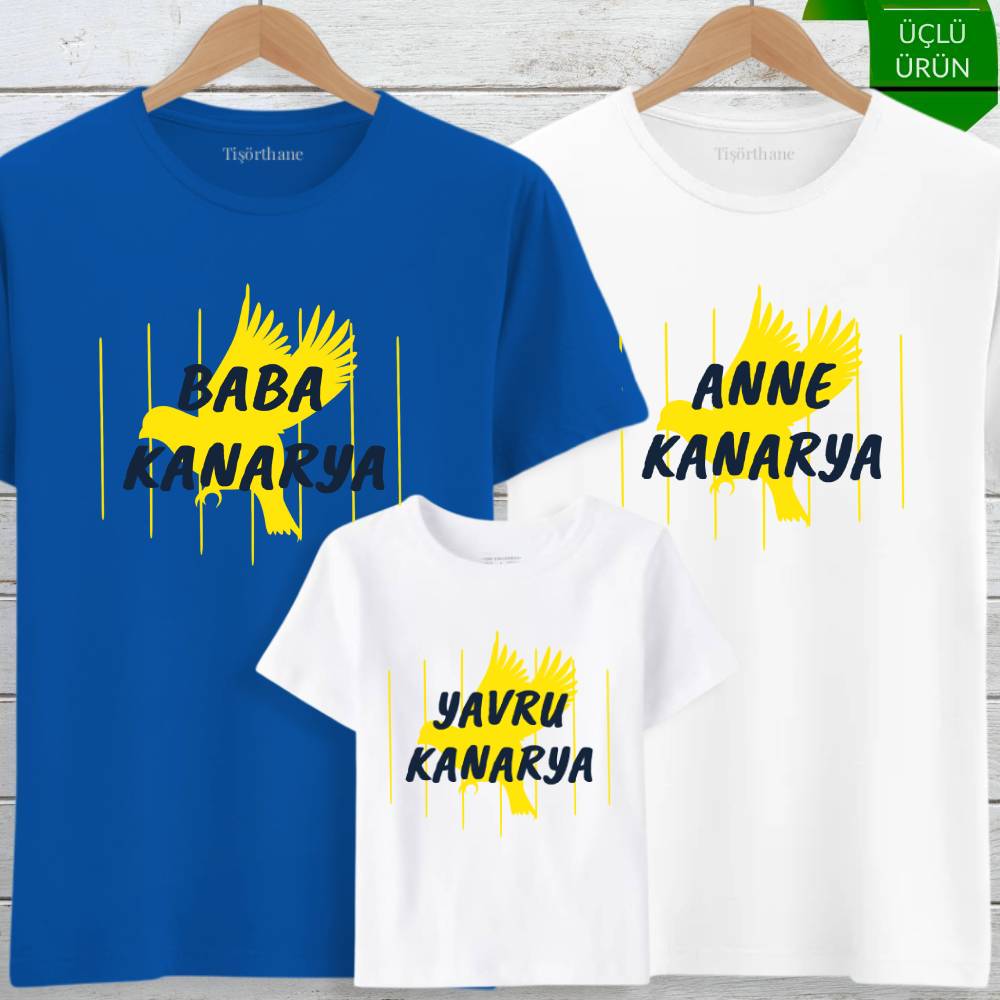 Anne, Baba ve Bebek Kanarya Tasarımlı Aile Tişört Kombini