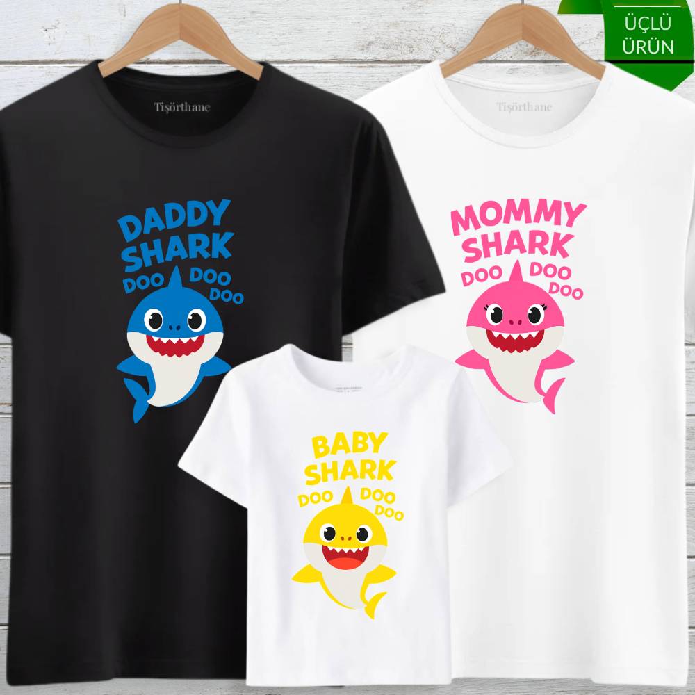 Anne, Baba ve Bebek Köpekbalığı Tişört Kombini