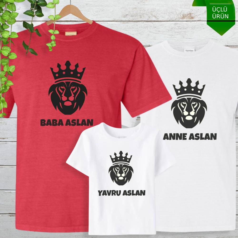 Anne, Baba, Yavru Aslan Tasarımlı Aile Tişört Kombini