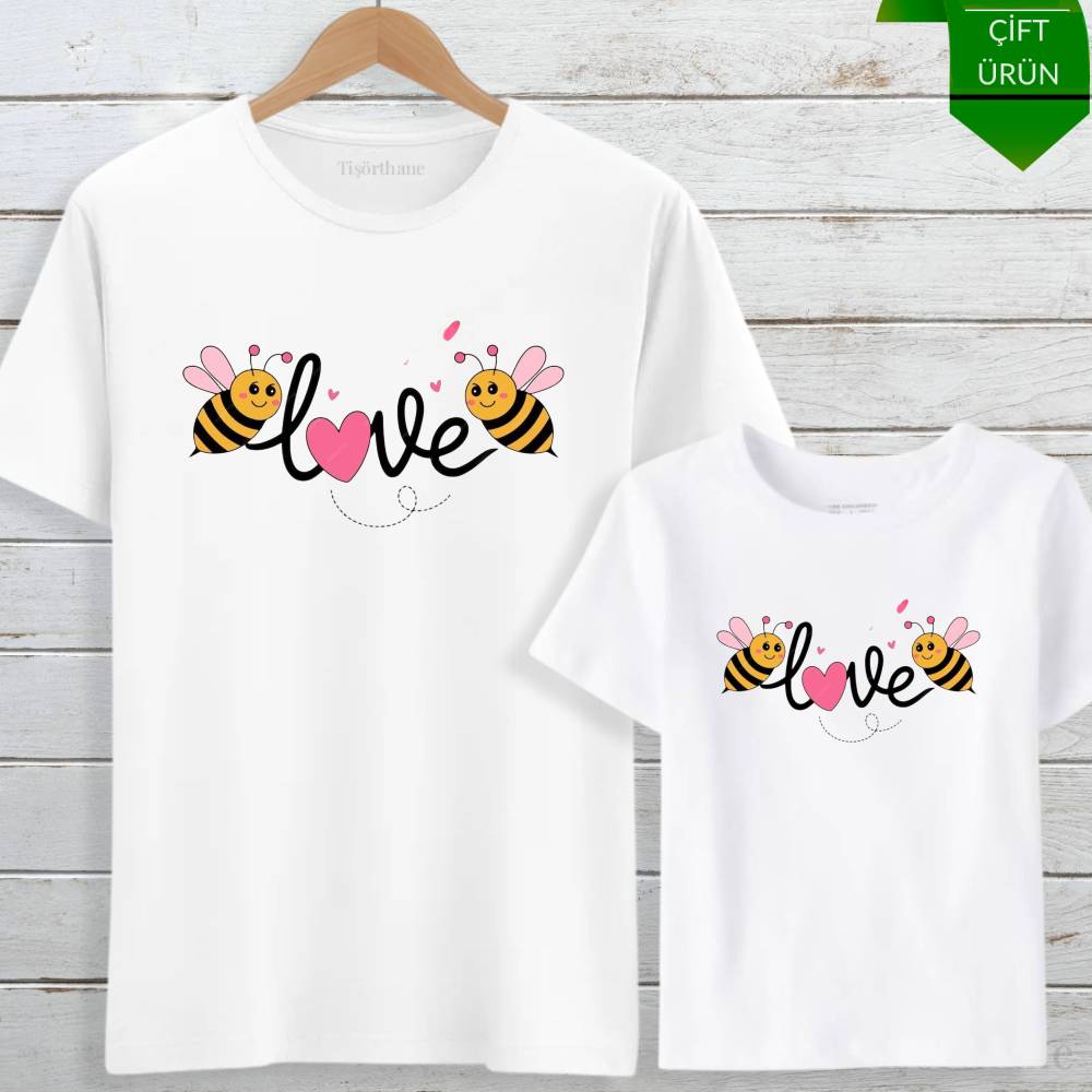 Arı Tasarımlı, Love Yazılı Anne Kız Tişört Kombini