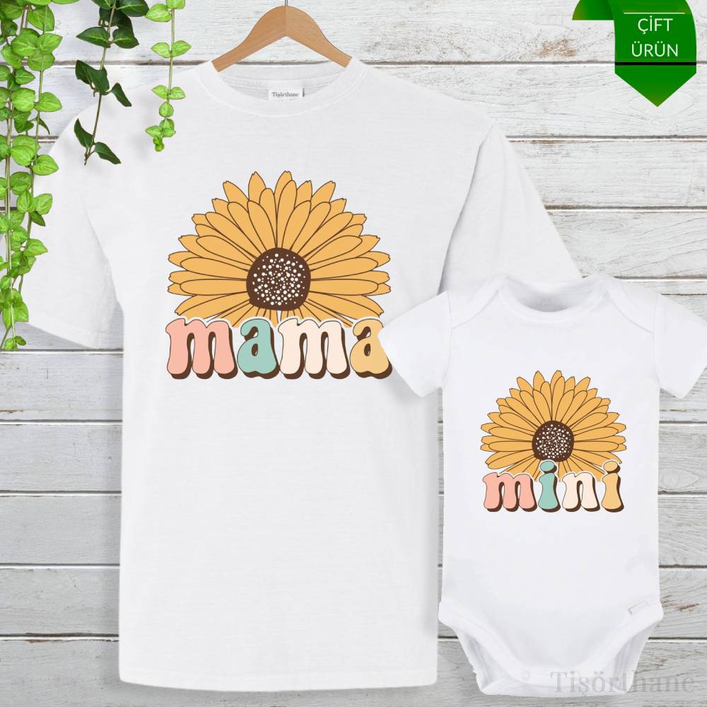 Ayçiçek Tasarımlı Mama & Mini Anne Bebek Tişört Kombini