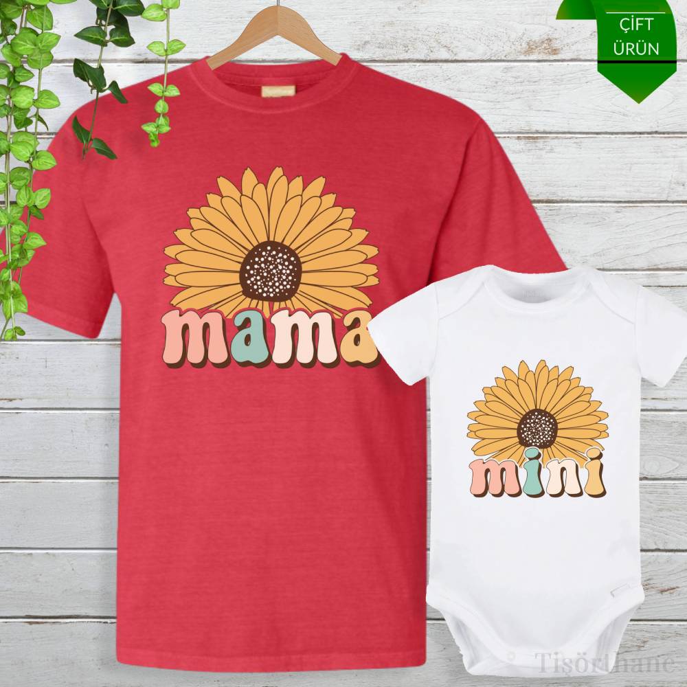 Ayçiçek Tasarımlı Mama & Mini Anne Bebek Tişört Kombini