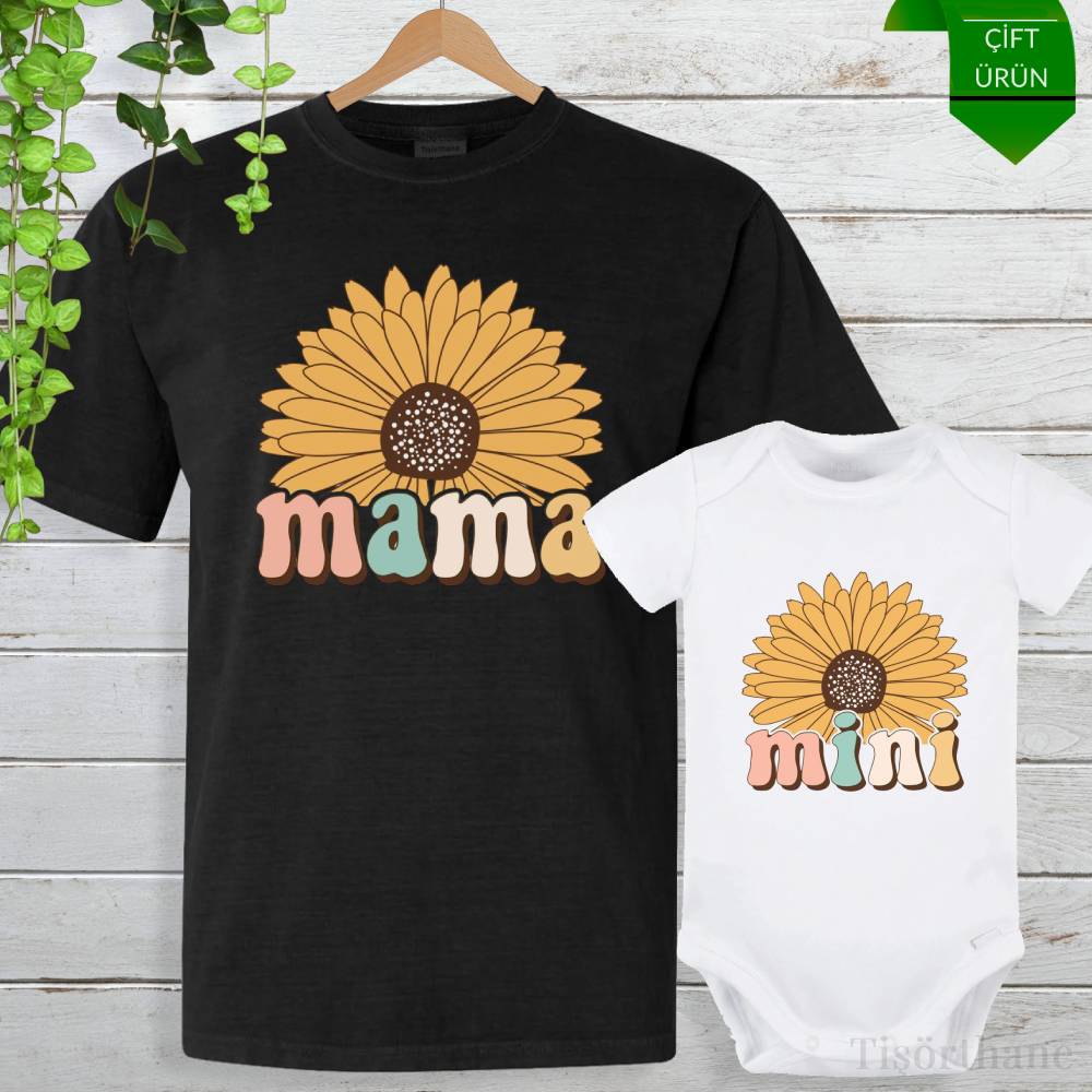 Ayçiçek Tasarımlı Mama & Mini Anne Bebek Tişört Kombini