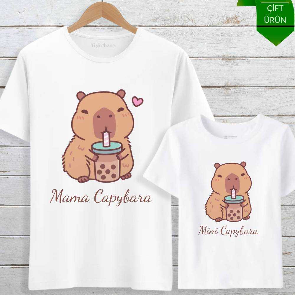 Boba Tea İçen Kapibara Tasarımlı Anne Oğul Tişört Kombini