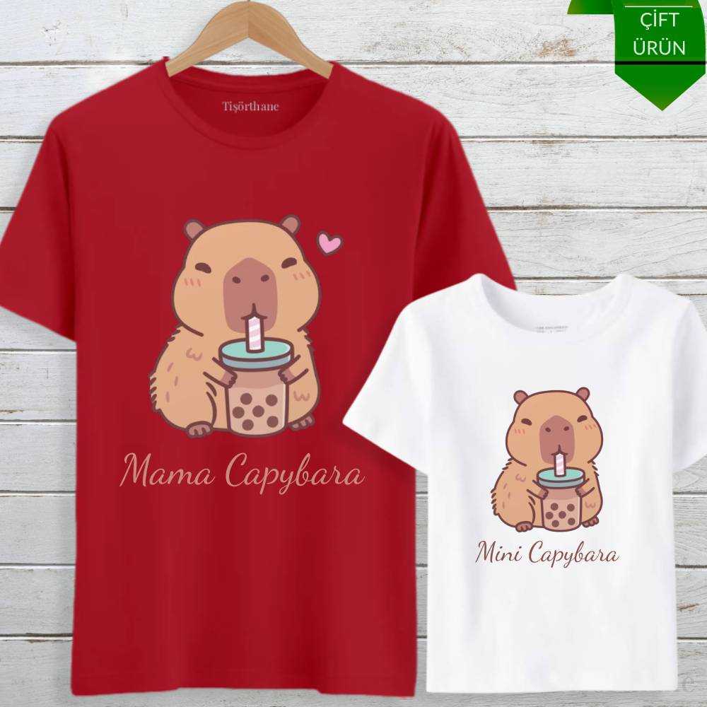 Boba Tea İçen Kapibara Tasarımlı Anne Oğul Tişört Kombini