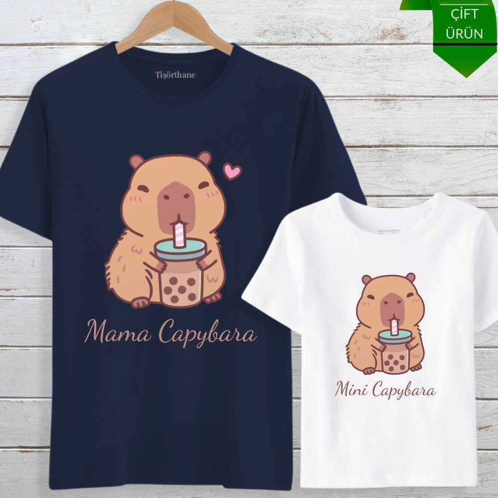 Boba Tea İçen Kapibara Tasarımlı Anne Oğul Tişört Kombini