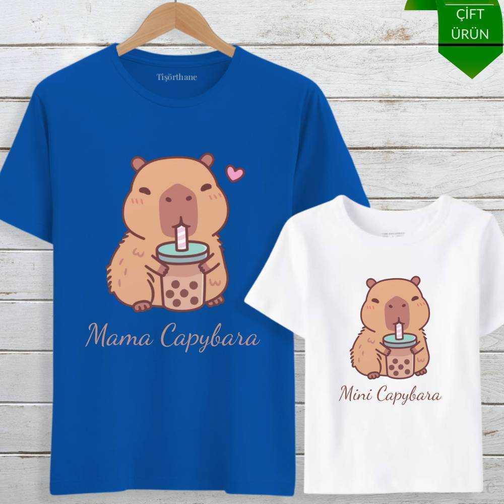 Boba Tea İçen Kapibara Tasarımlı Anne Oğul Tişört Kombini