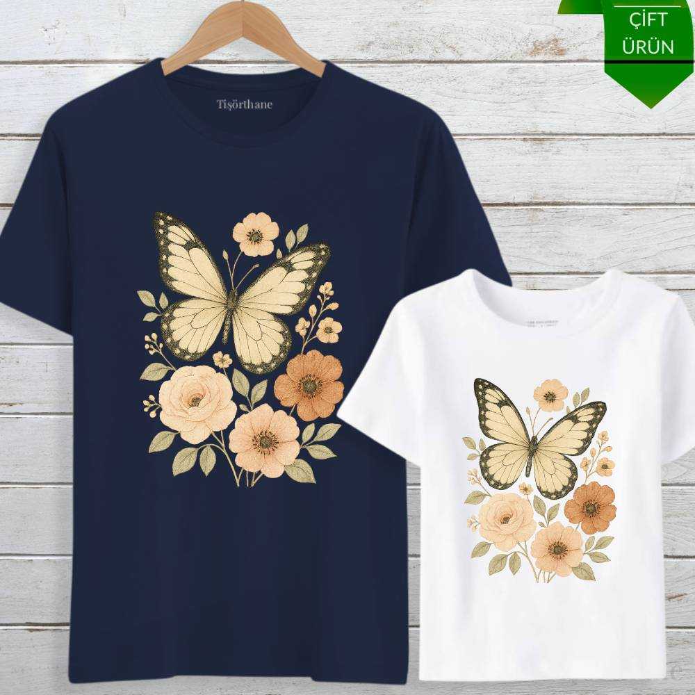Çiçek ve Kelebek Tasarımlı Anne Kız Tişört Kombini
