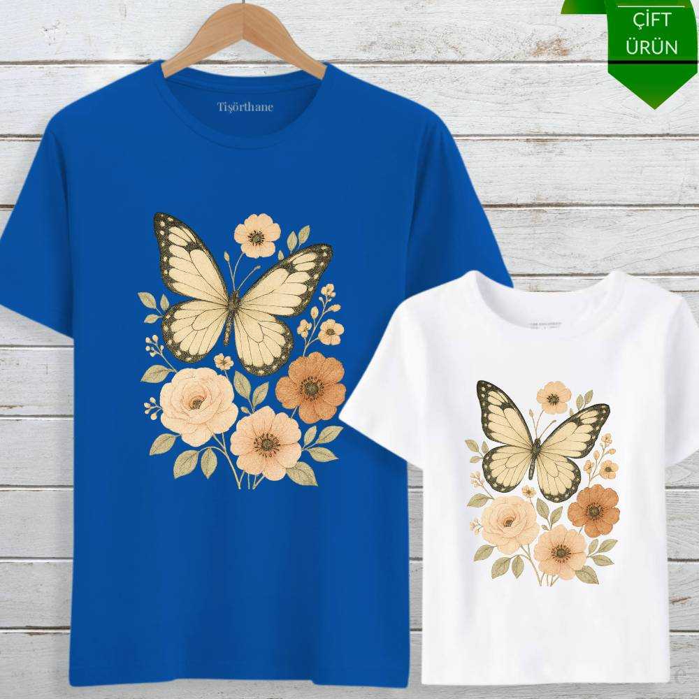 Çiçek ve Kelebek Tasarımlı Anne Kız Tişört Kombini