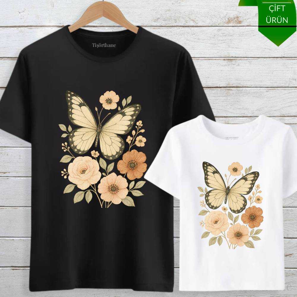 Çiçek ve Kelebek Tasarımlı Anne Kız Tişört Kombini