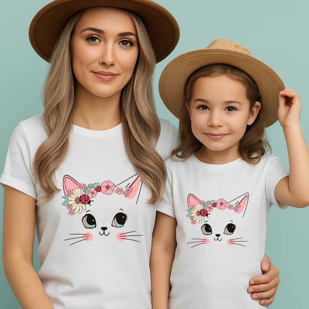 Çiçekli Kedi Tasarımlı Anne Kız Tişört Kombini