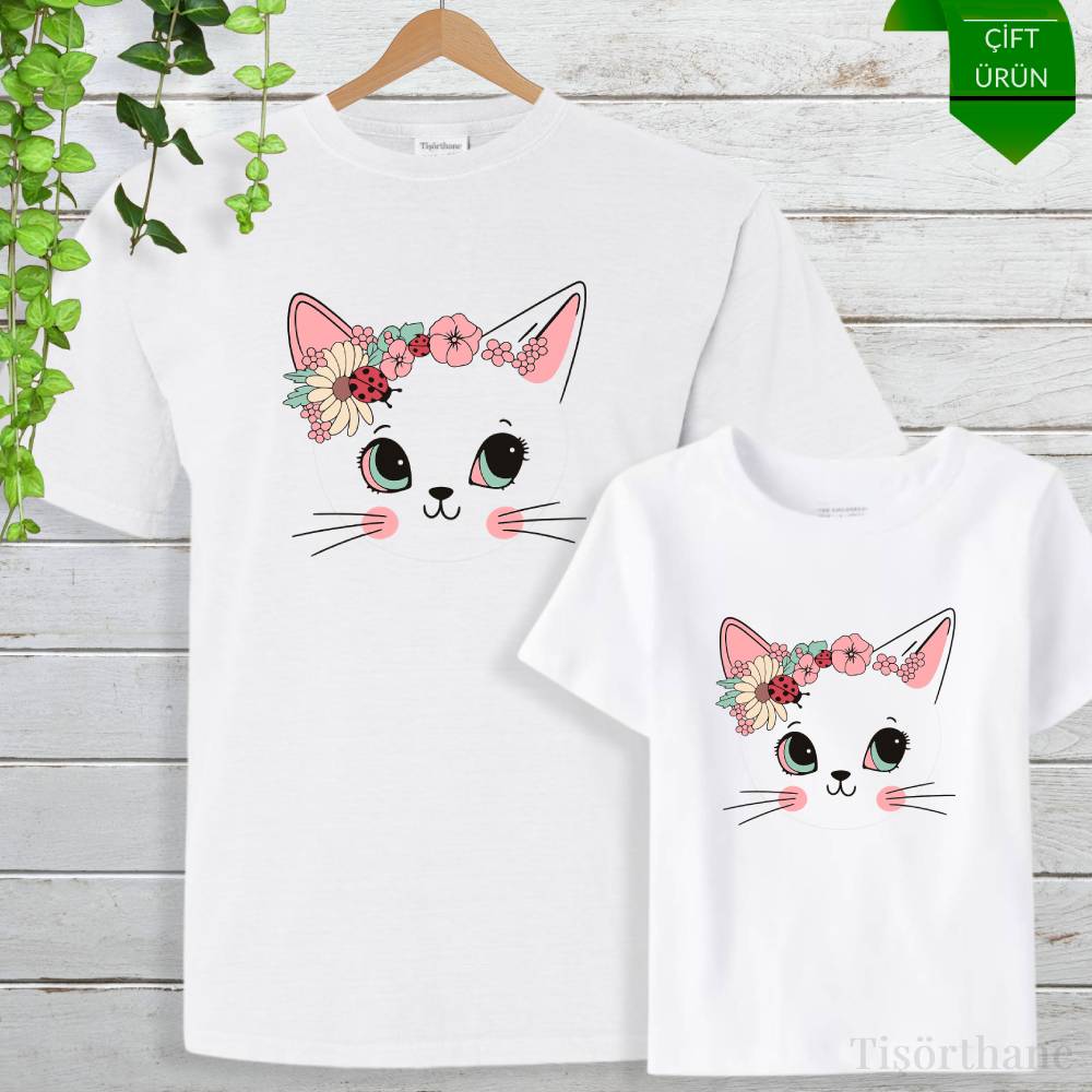 Çiçekli Kedi Tasarımlı Anne Kız Tişört Kombini