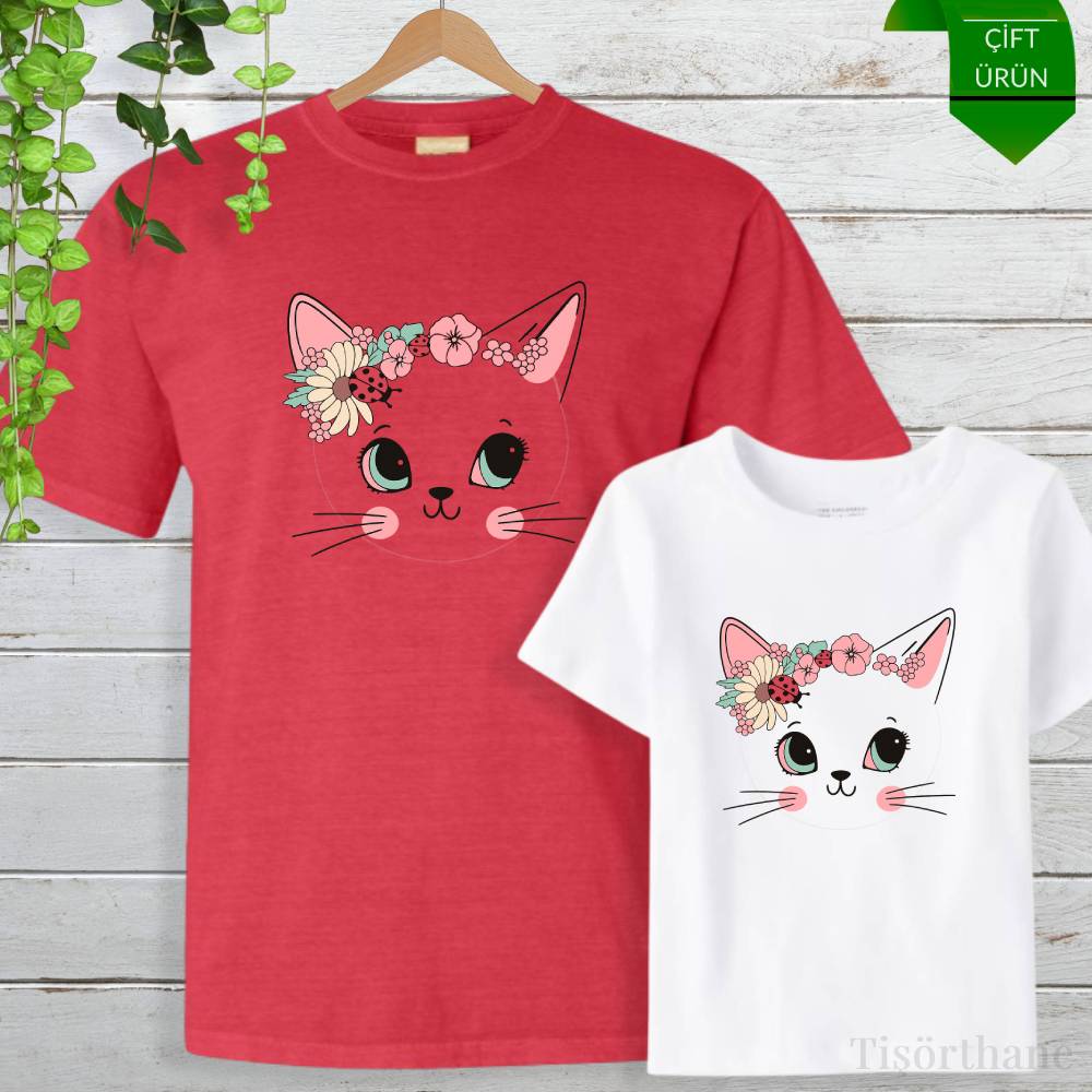 Çiçekli Kedi Tasarımlı Anne Kız Tişört Kombini
