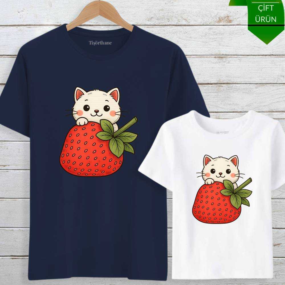 Çilek ve Kedi Tasarımlı Anne Kız Tişört Kombin Seti