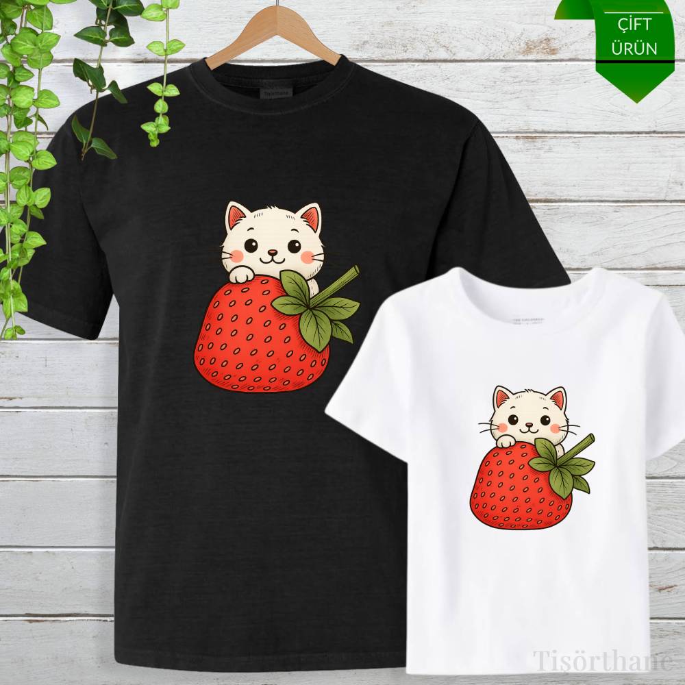 Çilek ve Kedi Tasarımlı Anne Kız Tişört Kombin Seti