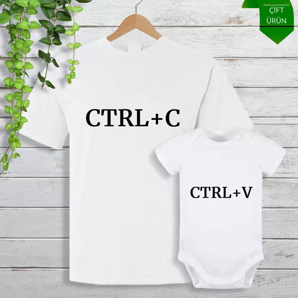 Ctrl C Ctrl V Baskılı Anne, Baba, Bebek Tişört Zıbın Kombini