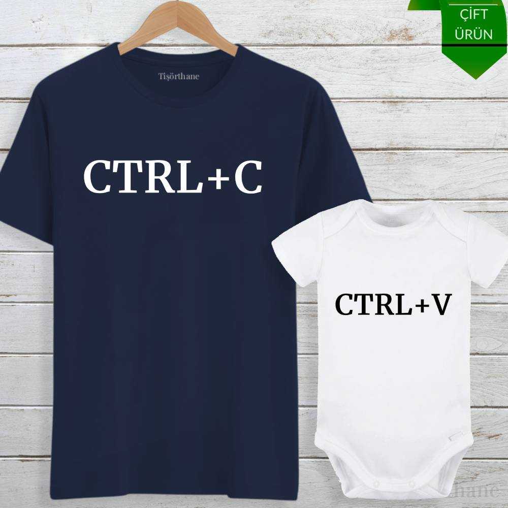 Ctrl C, Ctrl V Baskılı Anne, Baba, Bebek Tişört Zıbın Kombini