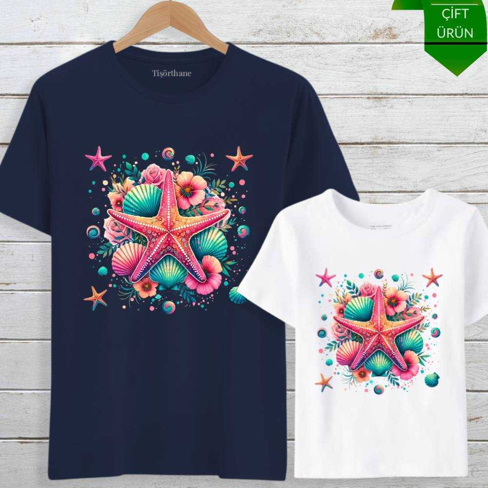 Denizyıldızı Tasarımlı Anne Kız Tişört Kombin Seti