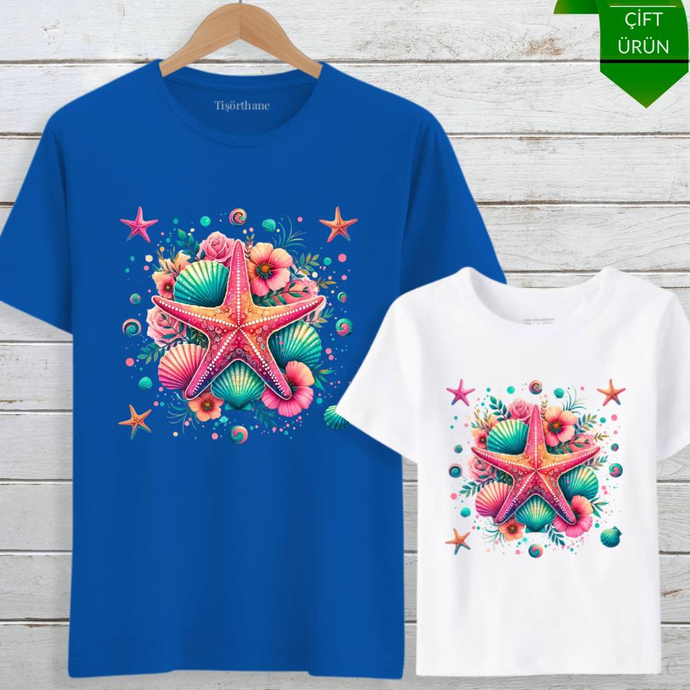 Denizyıldızı Tasarımlı Anne Kız Tişört Kombin Seti