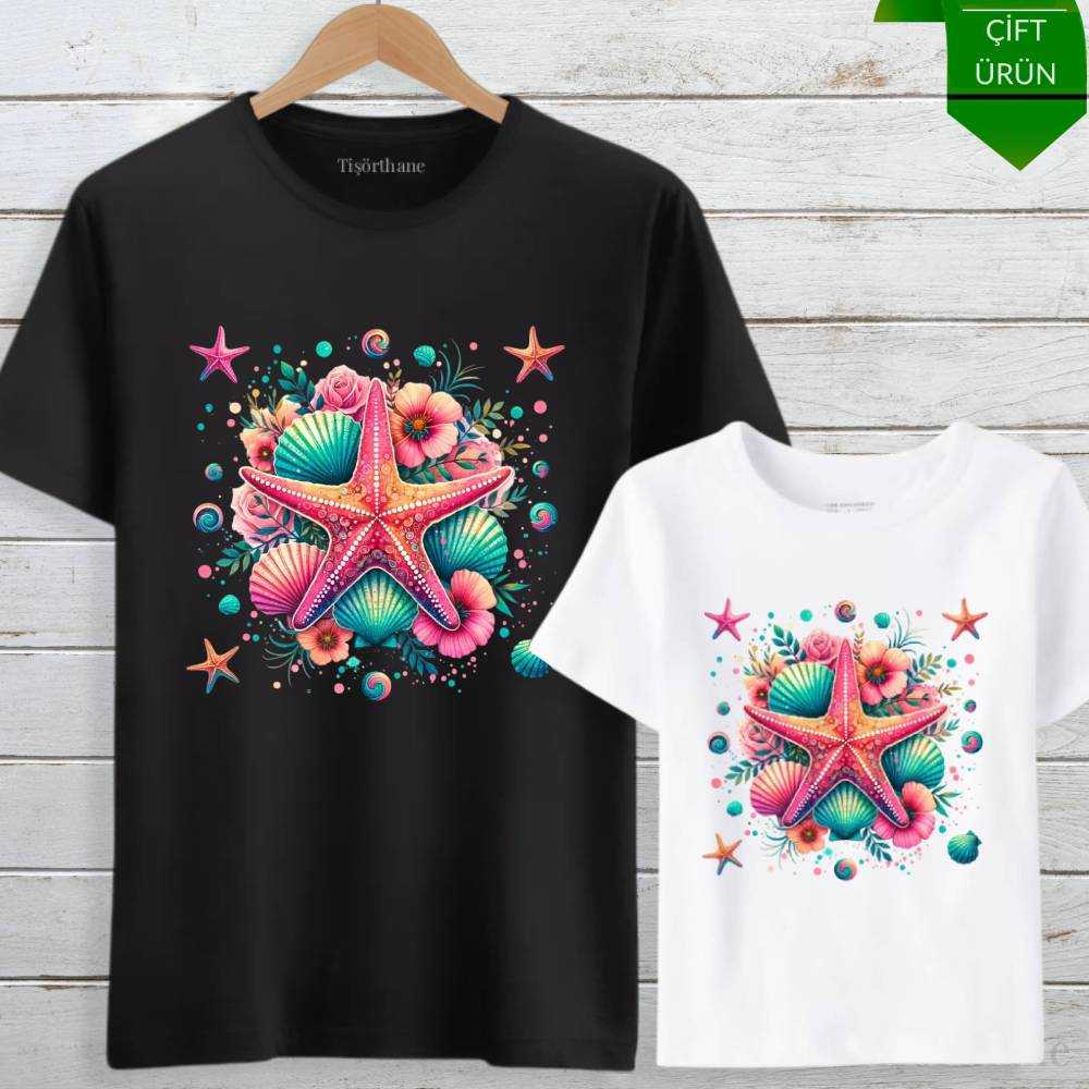 Denizyıldızı Tasarımlı Anne Kız Tişört Kombin Seti