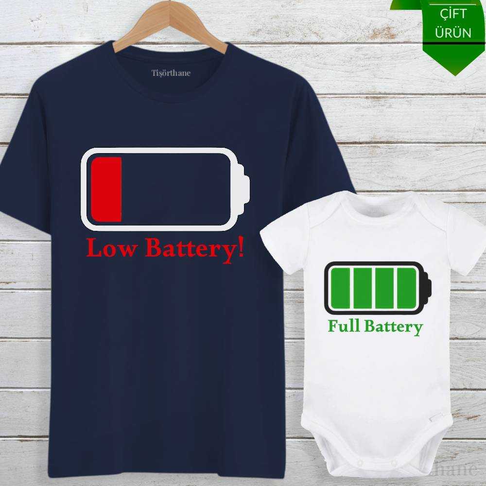 Dolu, Boş Batarya Baskılı Anne, Bebek Tişört Zıbın Kombini