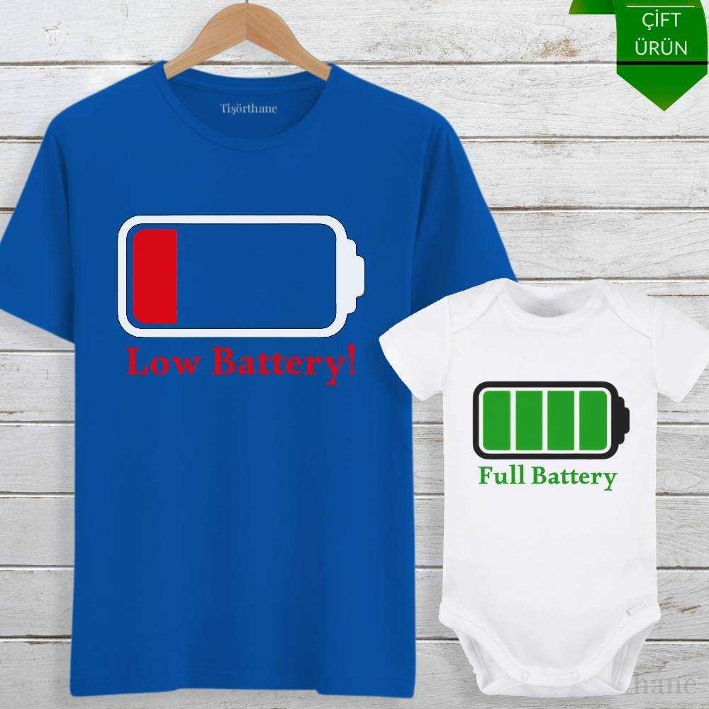 Dolu, Boş Batarya Baskılı Anne, Bebek Tişört Zıbın Kombini