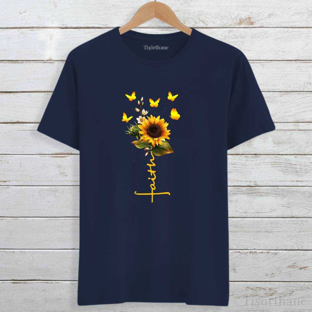 Faith Yazılı Ayçiçek Baskılı Kadınlara Özel Tişört