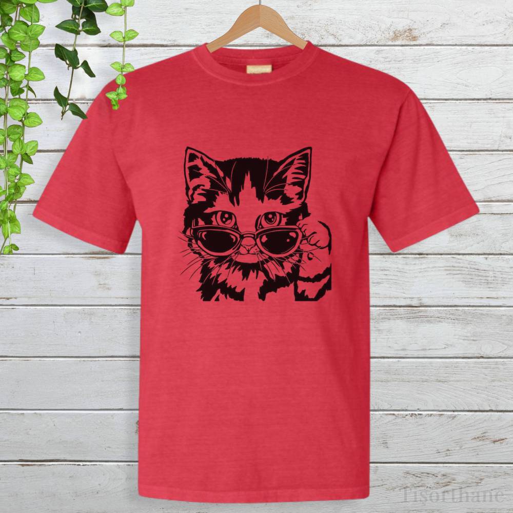 Gözlüklü Tarz Kedi Tasarımlı Unisex Tişört