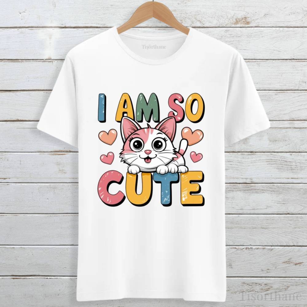 I Am So Cute Tasarımlı Sevimli Kedi Baskılı Tişört