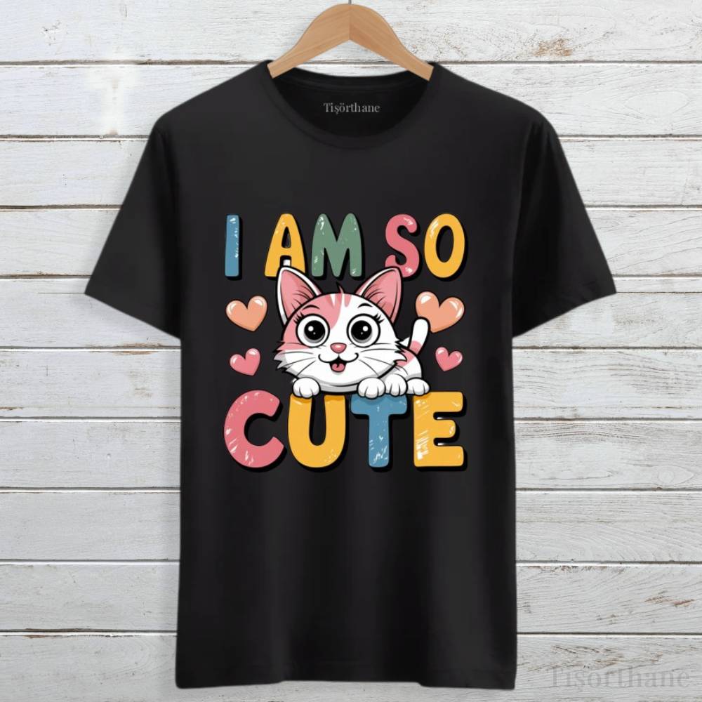 I Am So Cute Tasarımlı Sevimli Kedi Baskılı Tişört