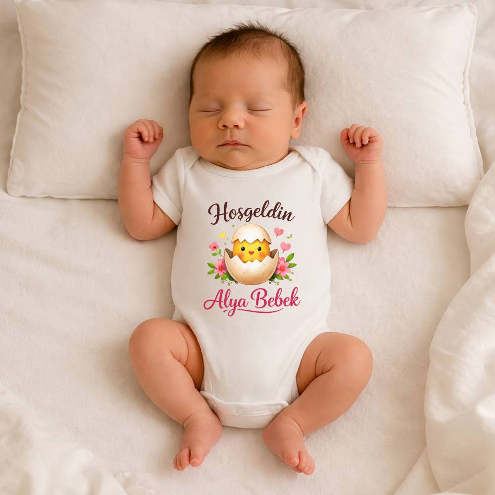İsme Özel Civciv Tasarımlı Hoş Geldin Bebek Zıbını
