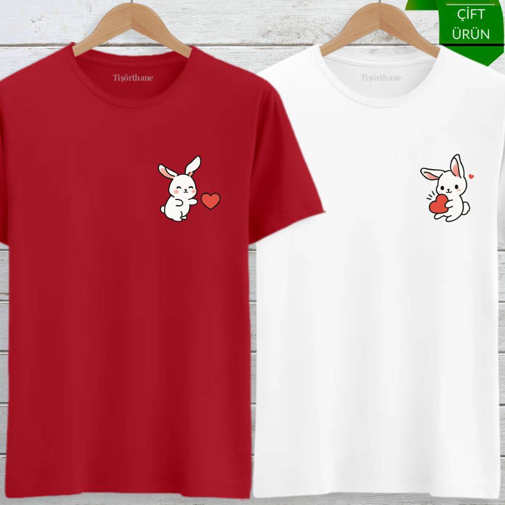 Kalp Atan Tavşanlar Tasarımlı Sevgili Tişört Kombini