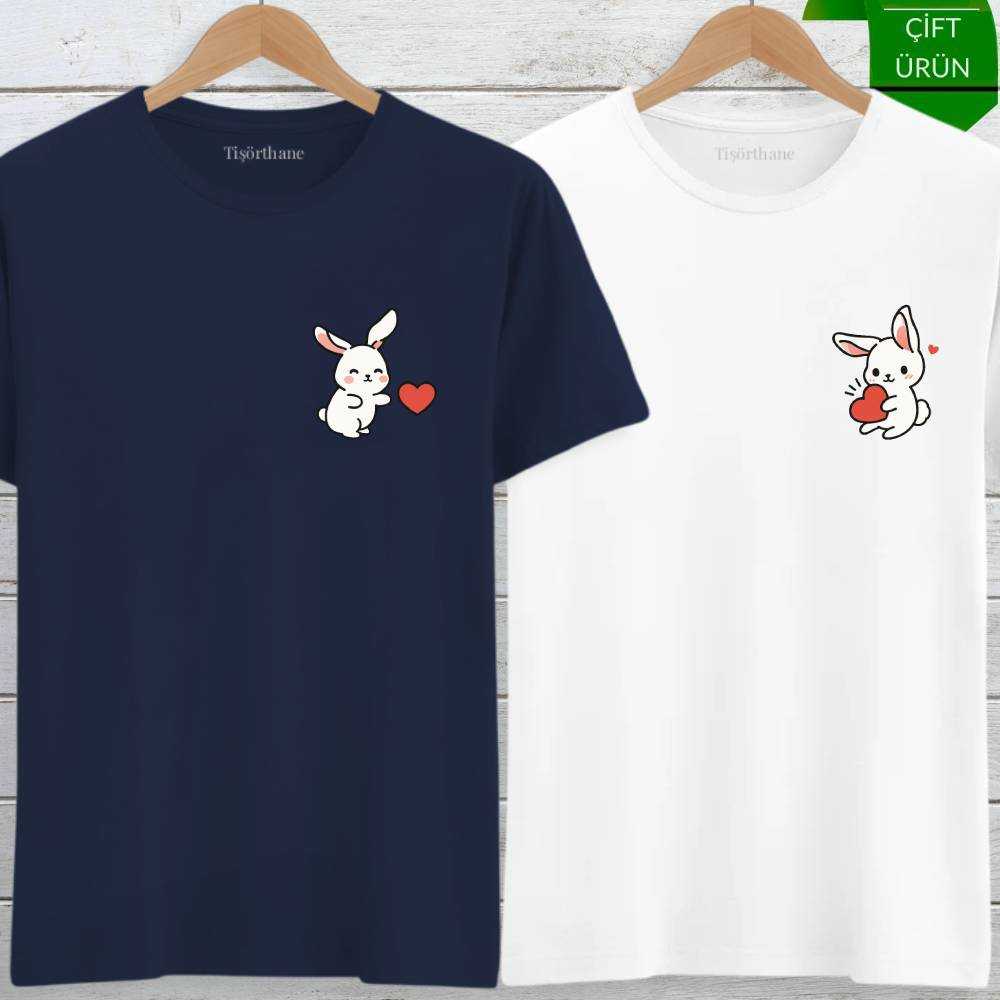 Kalp Atan Tavşanlar Tasarımlı Sevgili Tişört Kombini