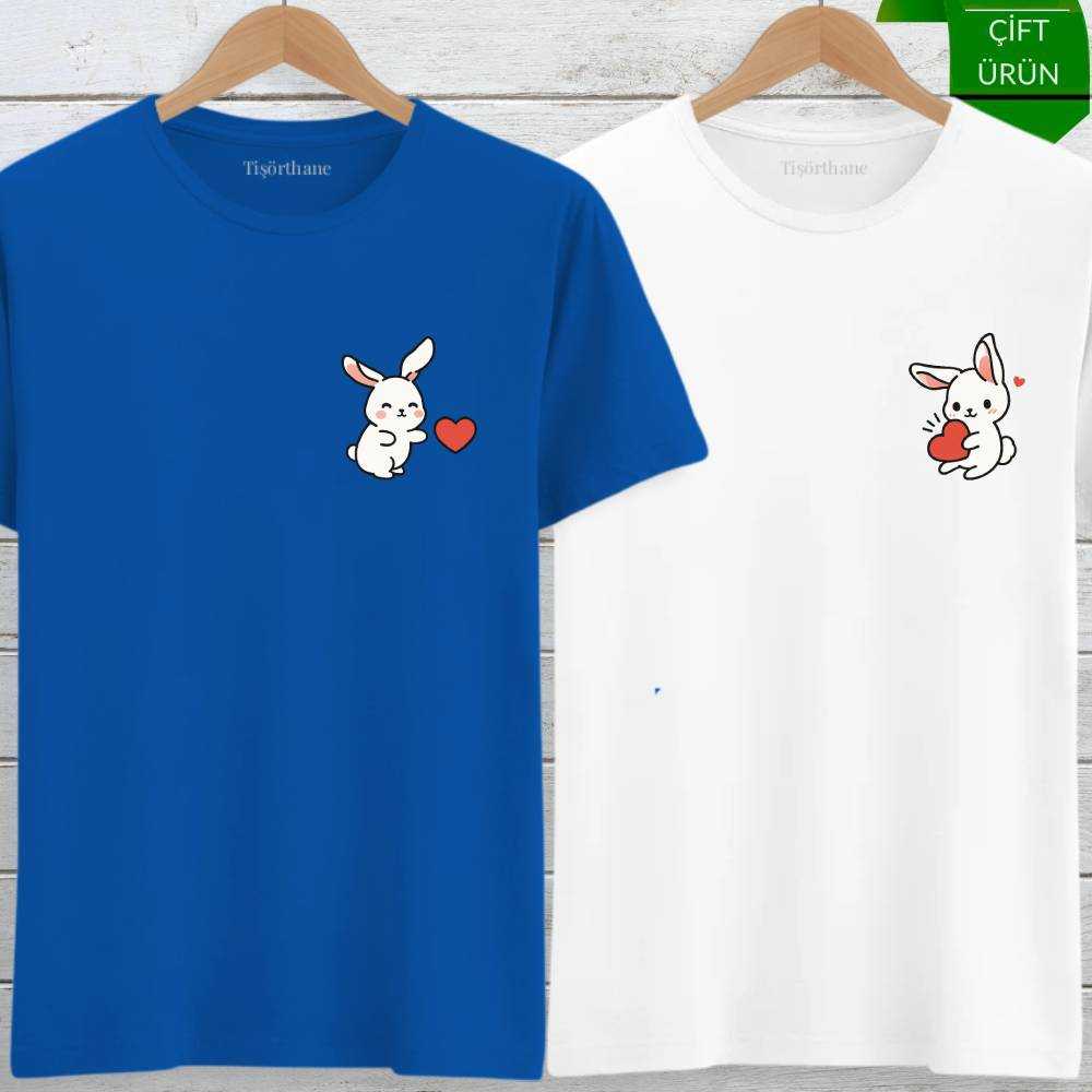 Kalp Atan Tavşanlar Tasarımlı Sevgili Tişört Kombini