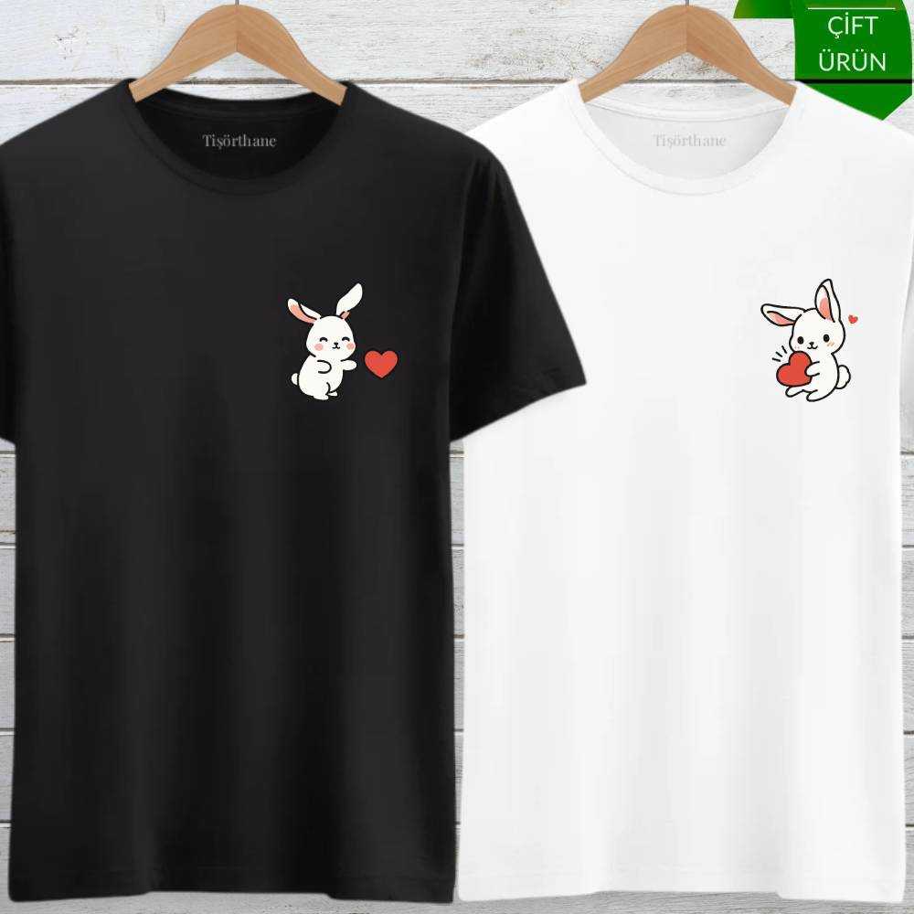 Kalp Atan Tavşanlar Tasarımlı Sevgili Tişört Kombini