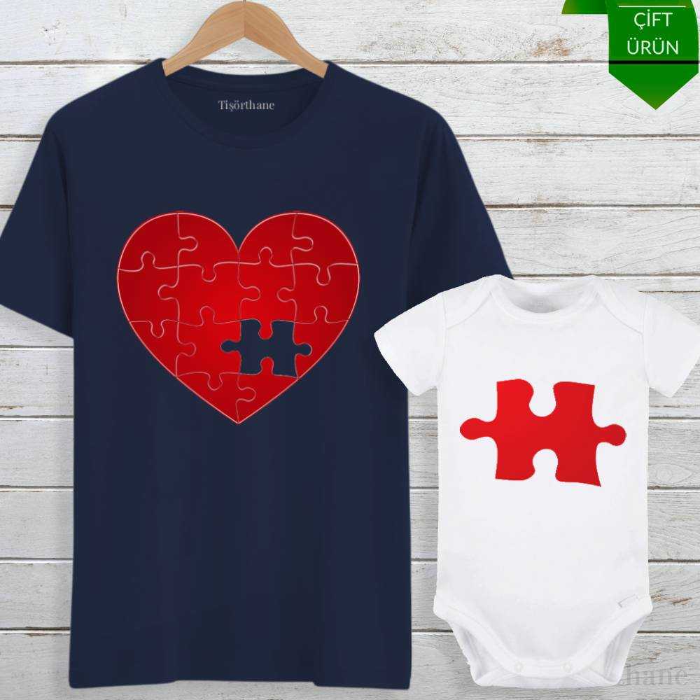 Kalpli Puzzle Tasarımlı Anne Bebek Tişört Zıbın Kombini
