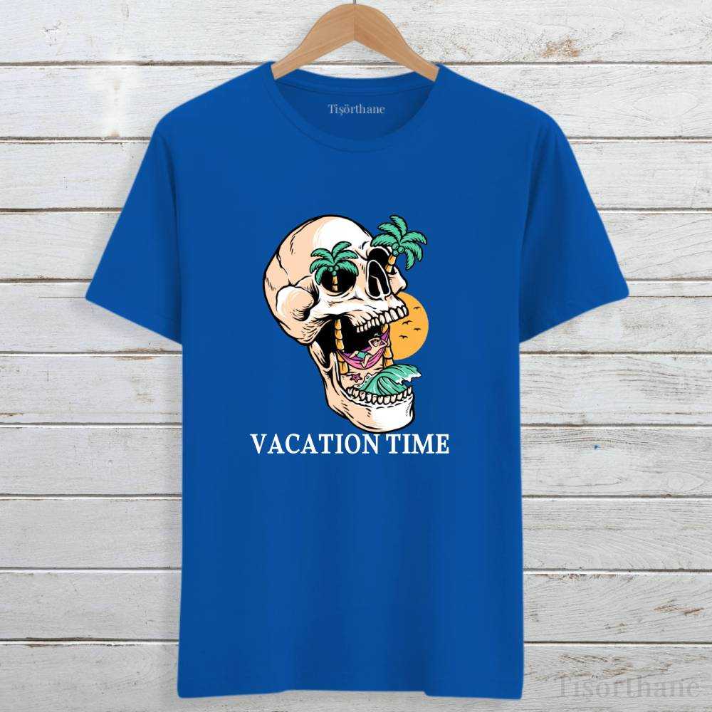 Kuru Kafa Baskılı Vacation Time (Tatil Zamanı) Yazılı Tişört