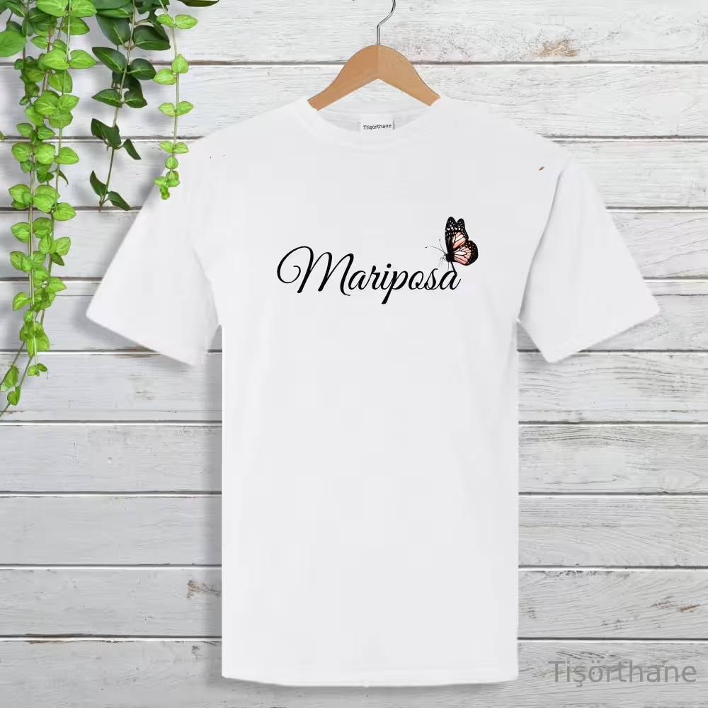 Mariposa (Kelebek) Yazılı Minimal Kelebek Baskılı Tişört