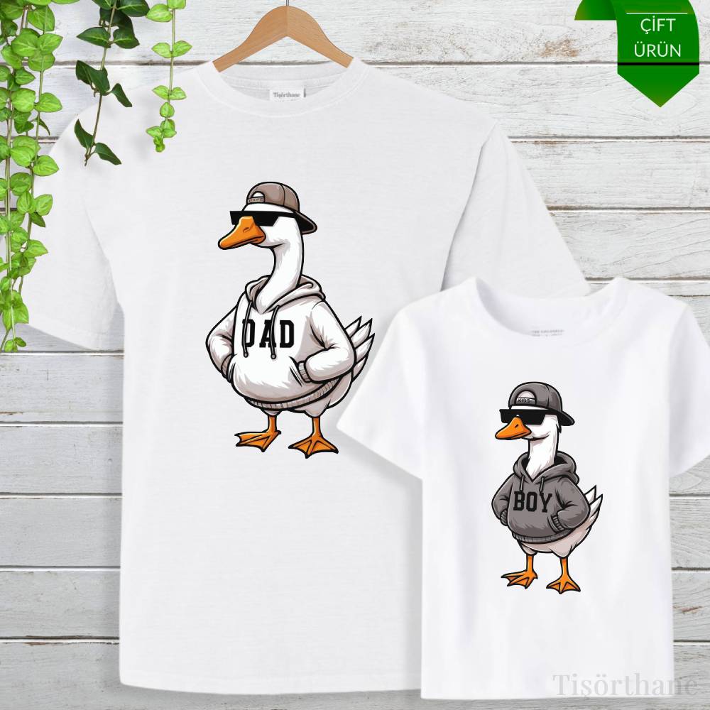 Ördek Tasarımlı Eğlenceli Baba Oğul Tişört Kombini