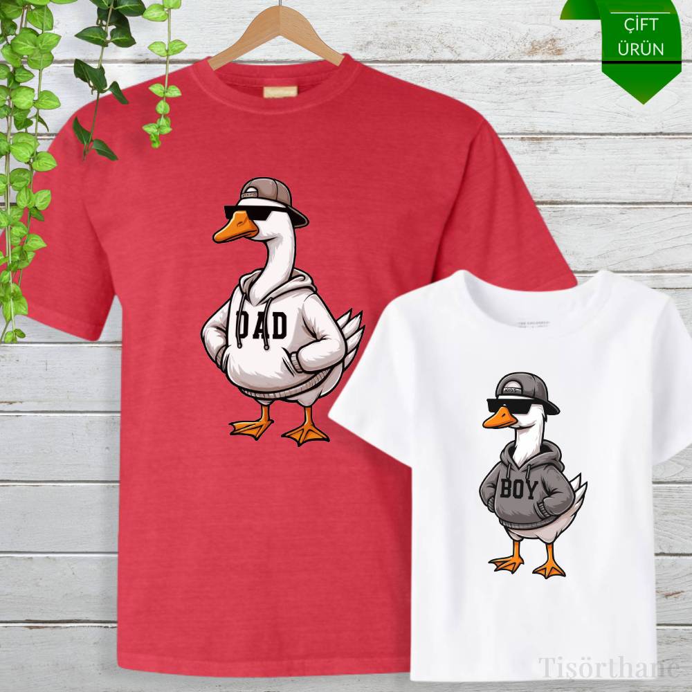 Ördek Tasarımlı Eğlenceli Baba Oğul Tişört Kombini