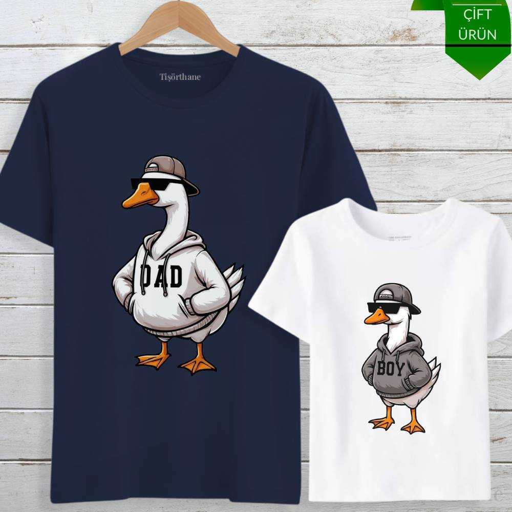 Ördek Tasarımlı Eğlenceli Baba Oğul Tişört Kombini