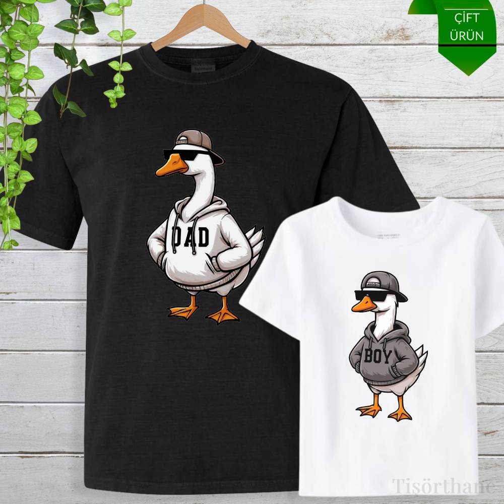 Ördek Tasarımlı Eğlenceli Baba Oğul Tişört Kombini
