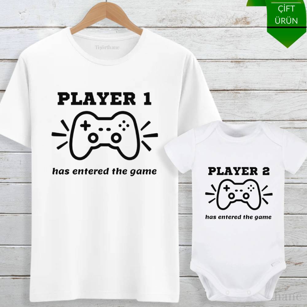 Player 1 & Player 2 Tasarımlı Baba Bebek Tişört Zıbın Kombini