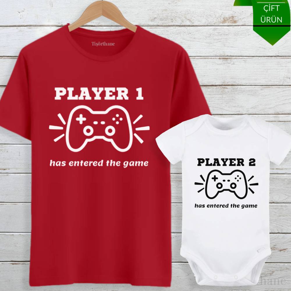 Player 1 & Player 2 Tasarımlı Baba Bebek Tişört Zıbın Kombini