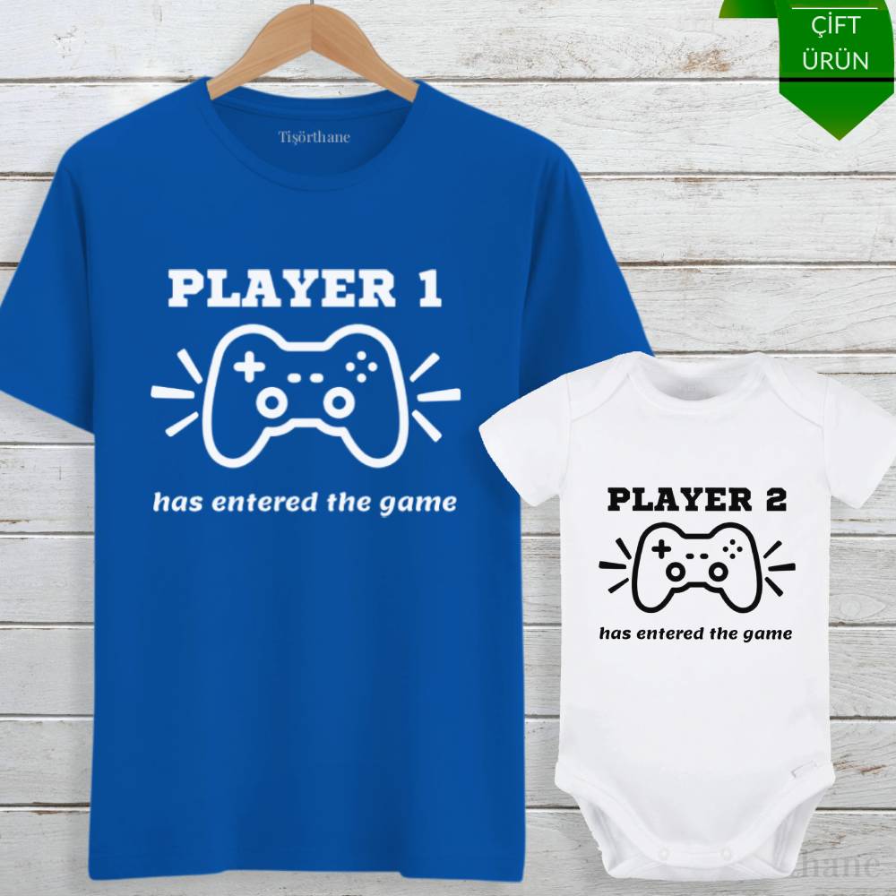 Player 1 & Player 2 Tasarımlı Baba Bebek Tişört Zıbın Kombini