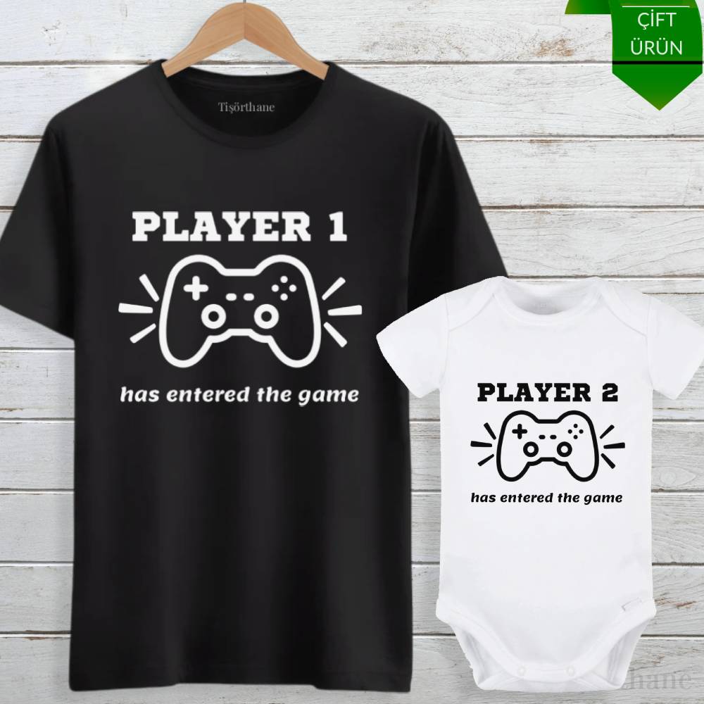 Player 1 & Player 2 Tasarımlı Baba Bebek Tişört Zıbın Kombini